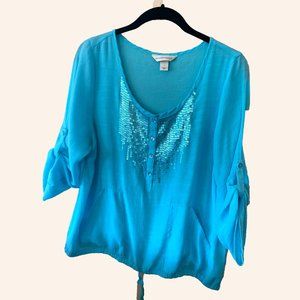 Christopher & Banks 3/4 Sleeve Sequin Blue Top